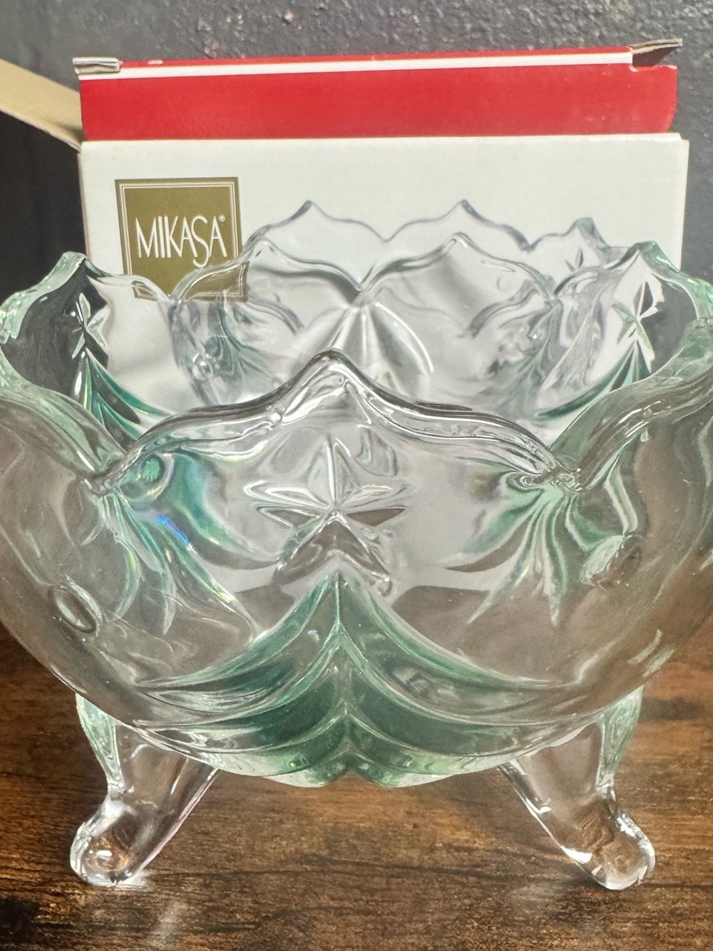 Mikasa Clear Glass Three-Legged Decorative Bowl with Subtle Green Tint